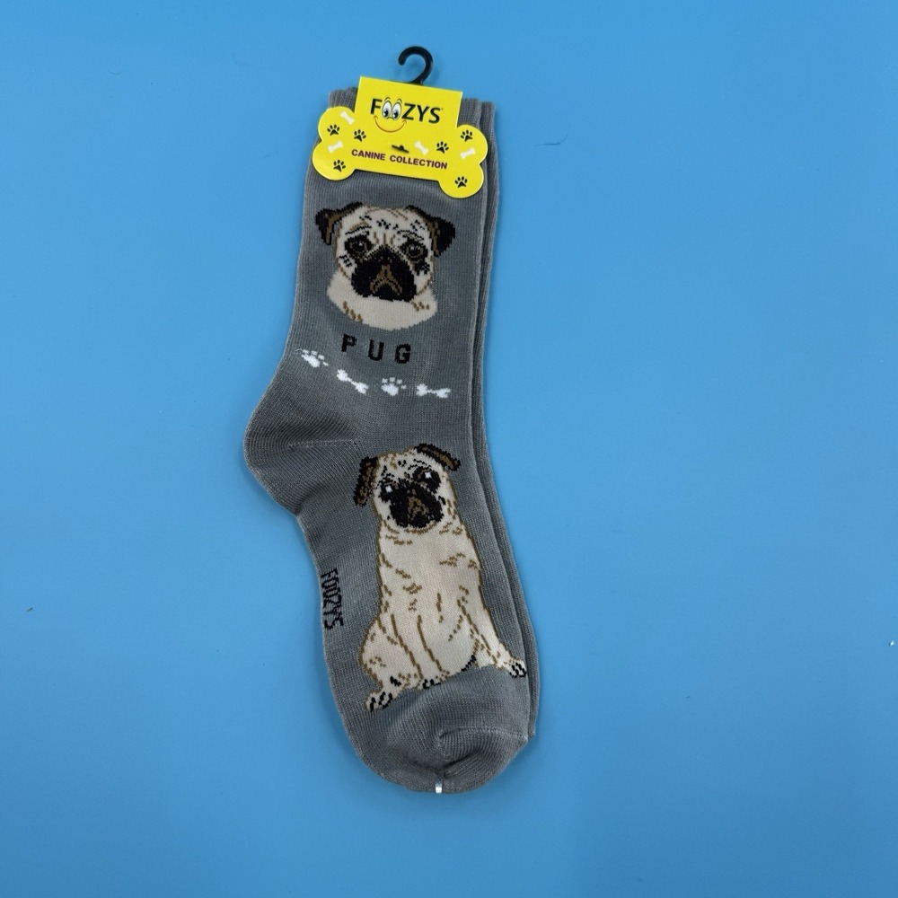 Foozys Pug Dog Crew Socks Gray Canine Collection Size 9–11 New